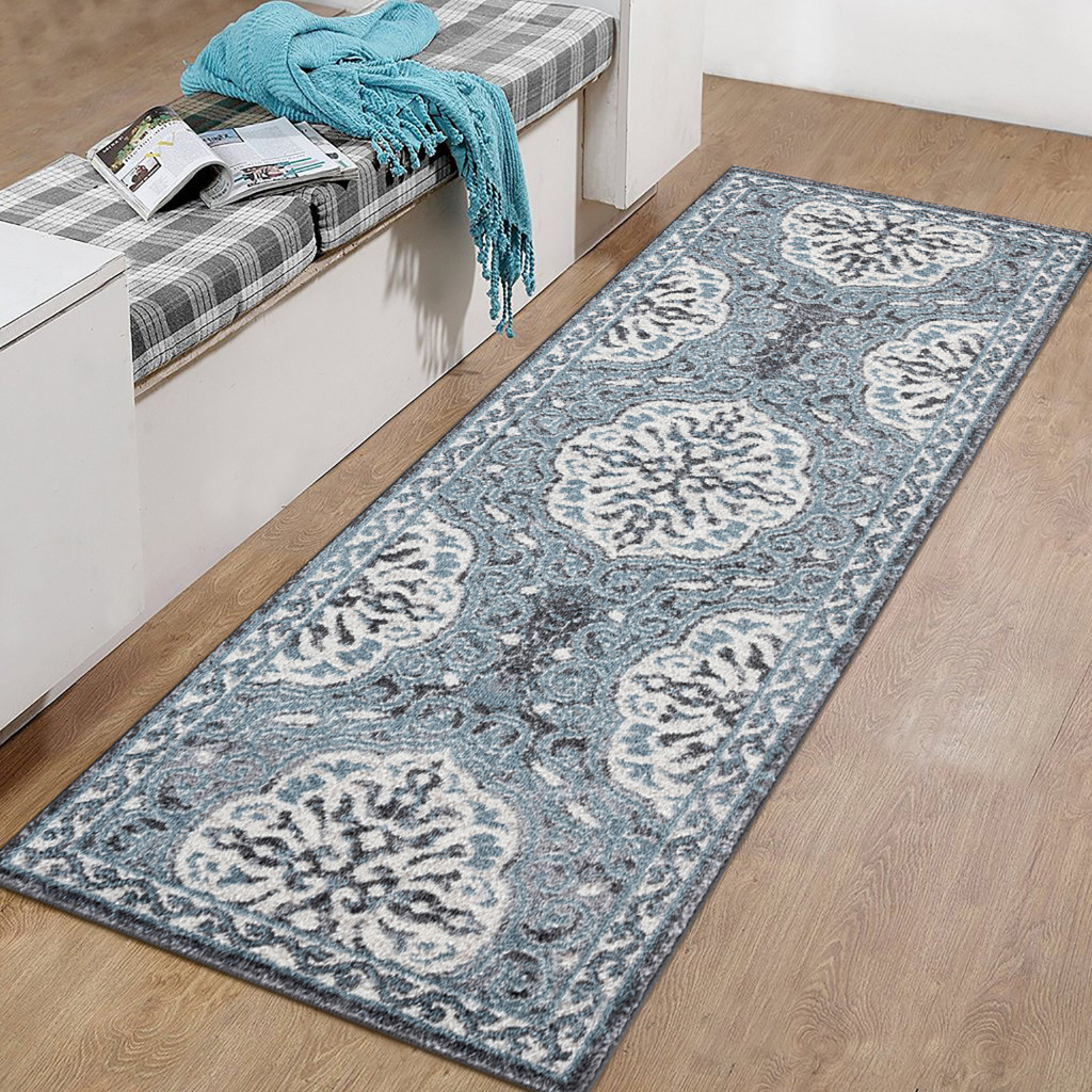 6" Charcoal and Ivory Medallion Power Loom Runner Rug