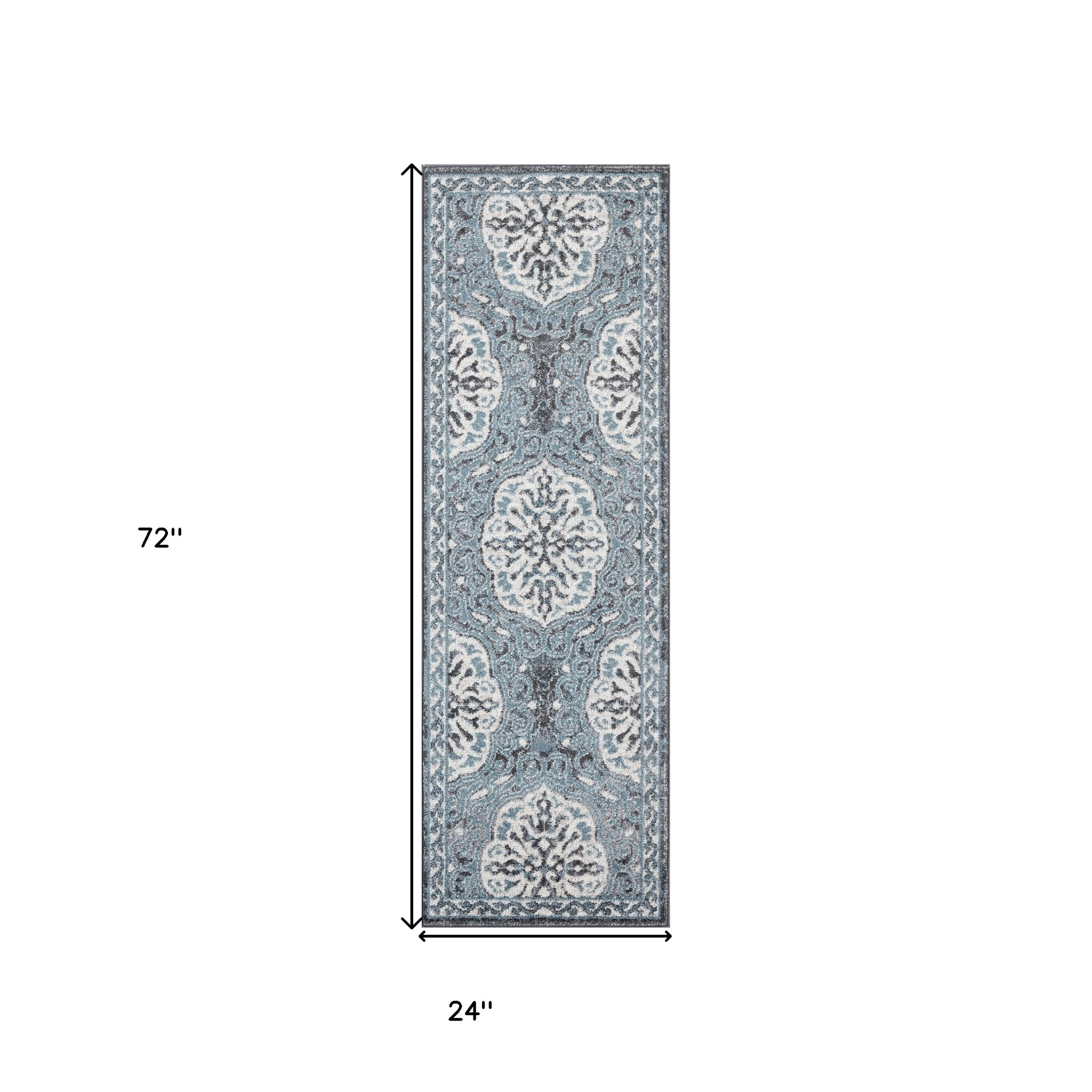 6" Charcoal and Ivory Medallion Power Loom Runner Rug