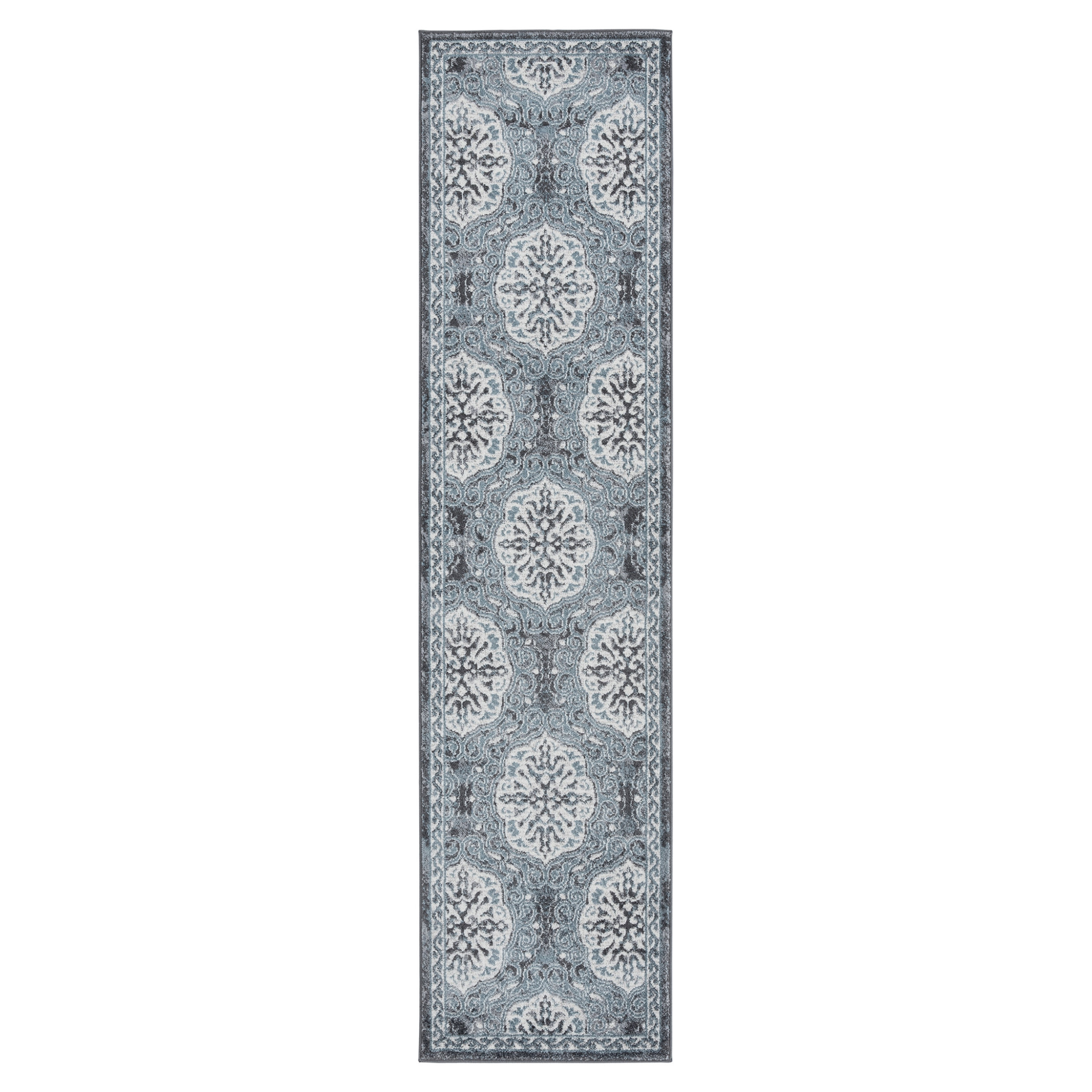 10" Charcoal and Ivory Medallion Power Loom Runner Rug