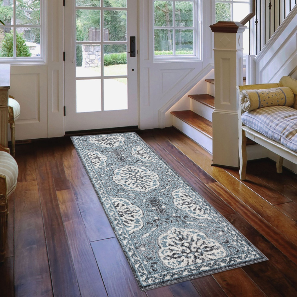 10" Charcoal and Ivory Medallion Power Loom Runner Rug