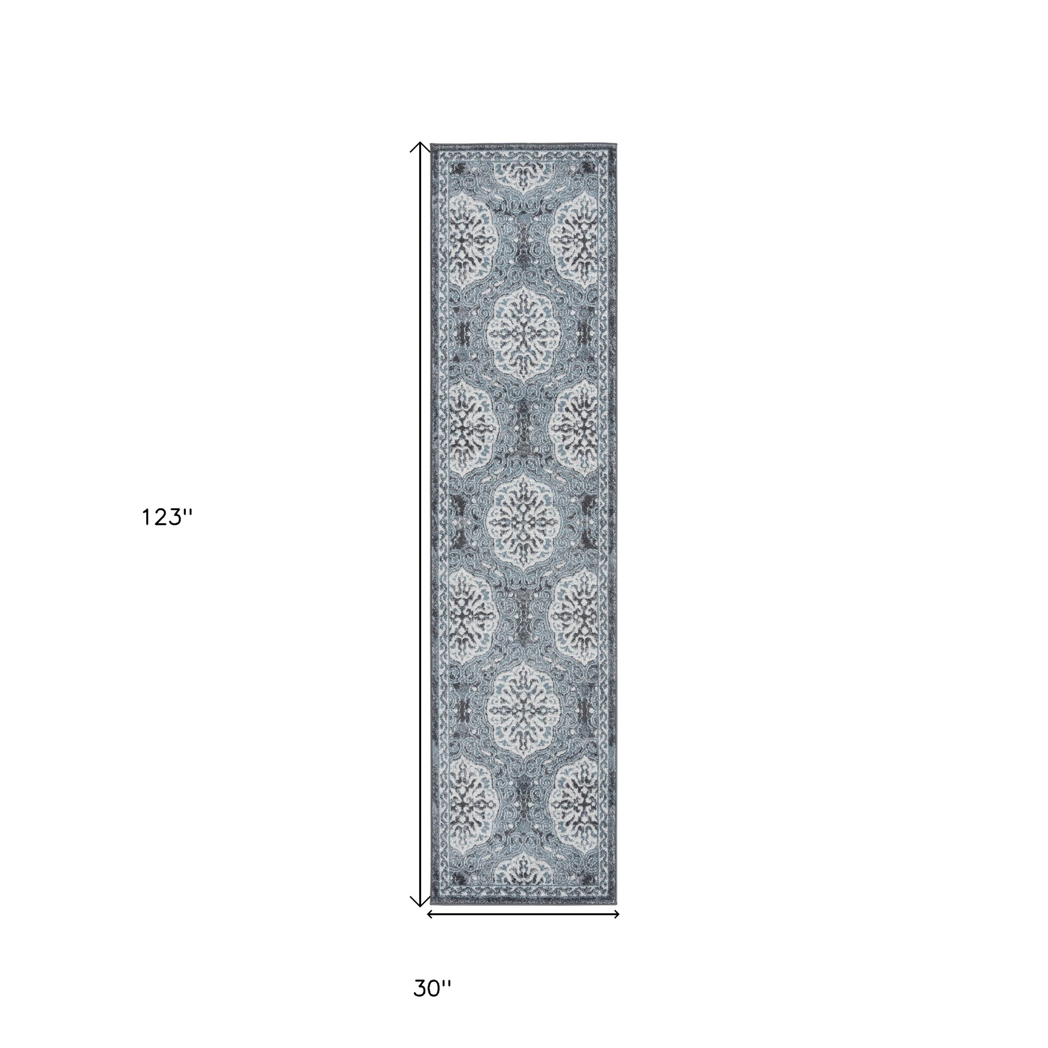 10" Charcoal and Ivory Medallion Power Loom Runner Rug