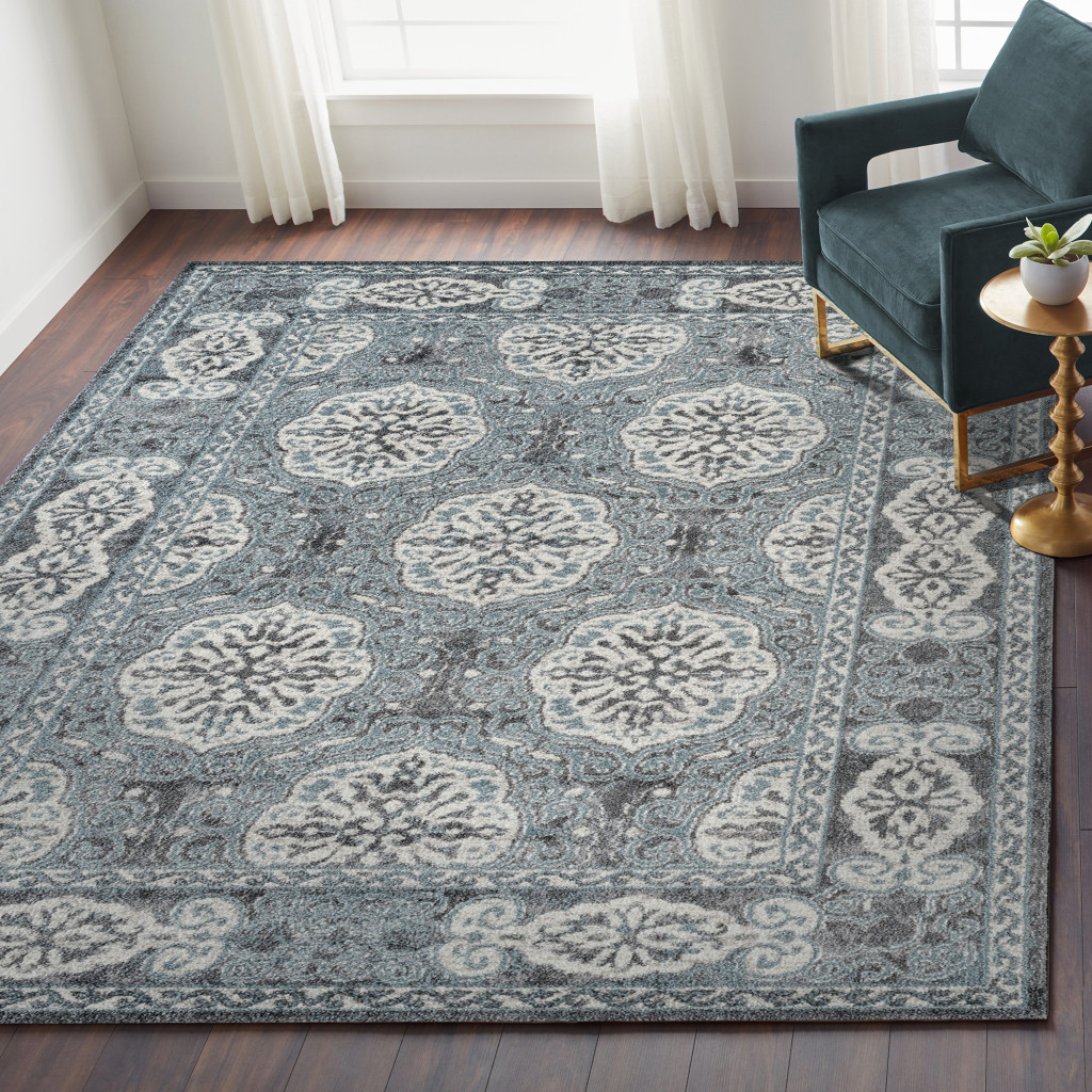 5" X 8" Charcoal and Ivory Medallion Power Loom Area Rug