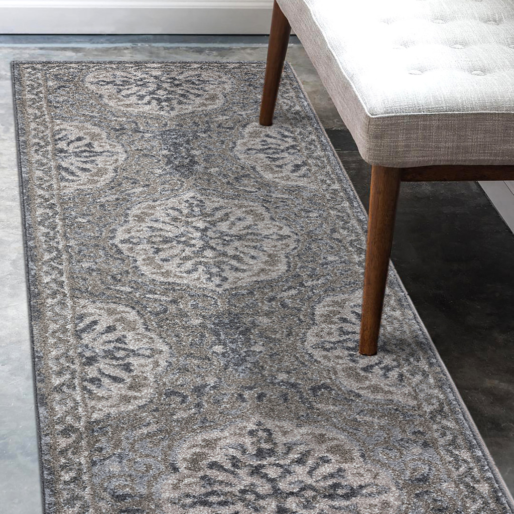 6" Charcoal and Gray Medallion Power Loom Runner Rug