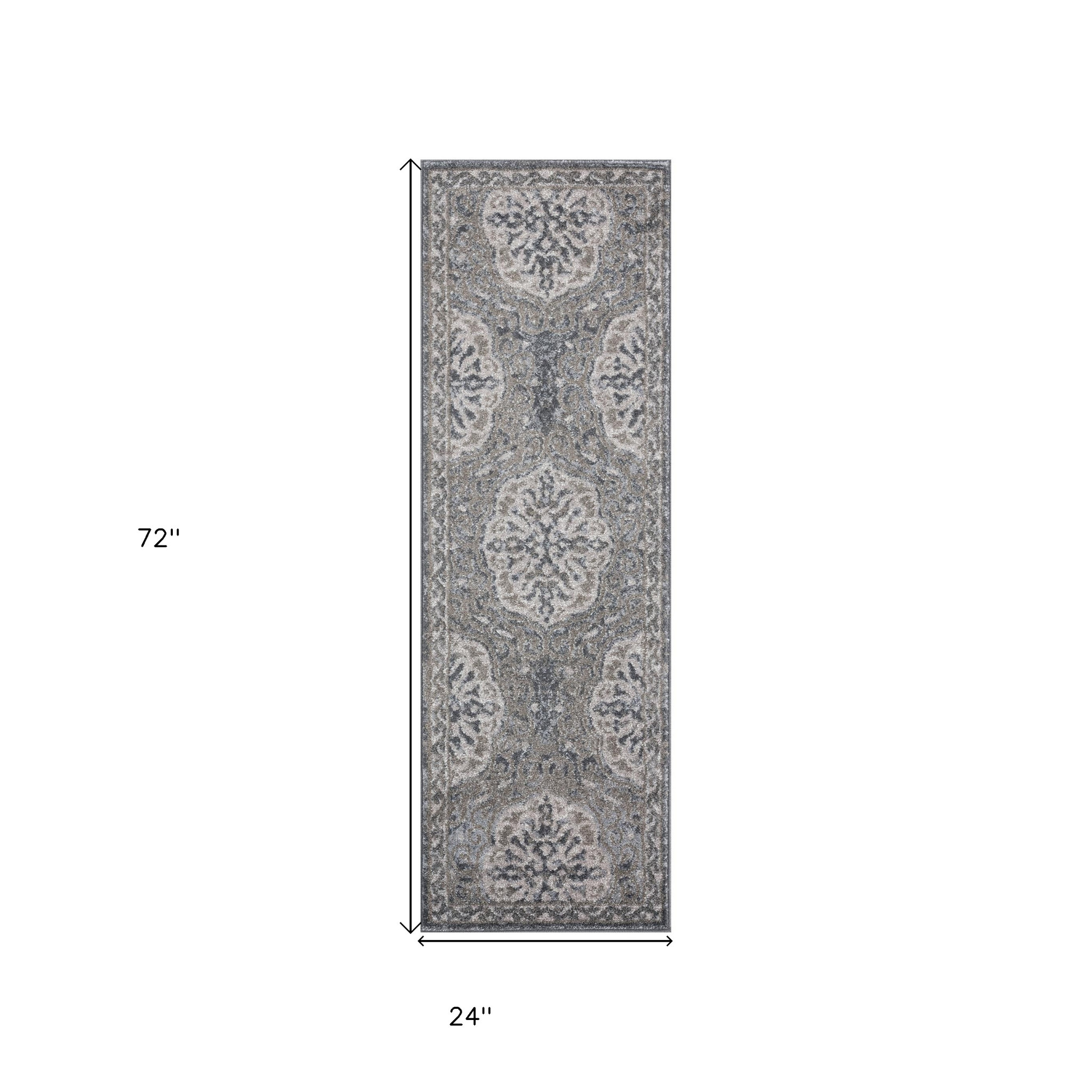 6" Charcoal and Gray Medallion Power Loom Runner Rug