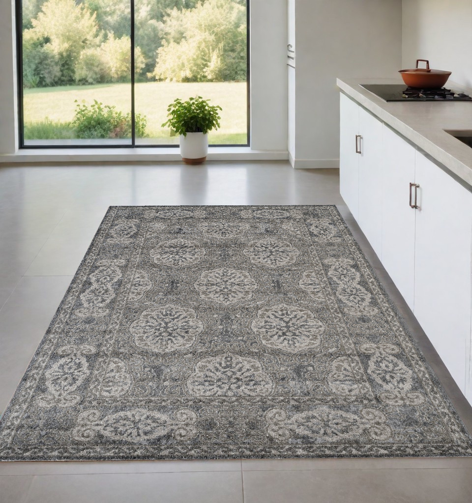 4" X 6" Charcoal and Gray Medallion Power Loom Area Rug