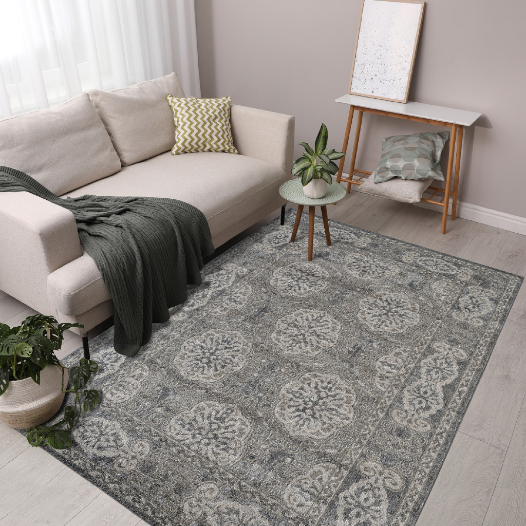 8" X 10" Charcoal and Gray Medallion Power Loom Area Rug
