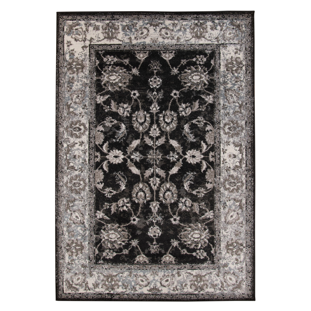 2" X 3" Ivory Black and Gray Floral Power Loom Area Rug