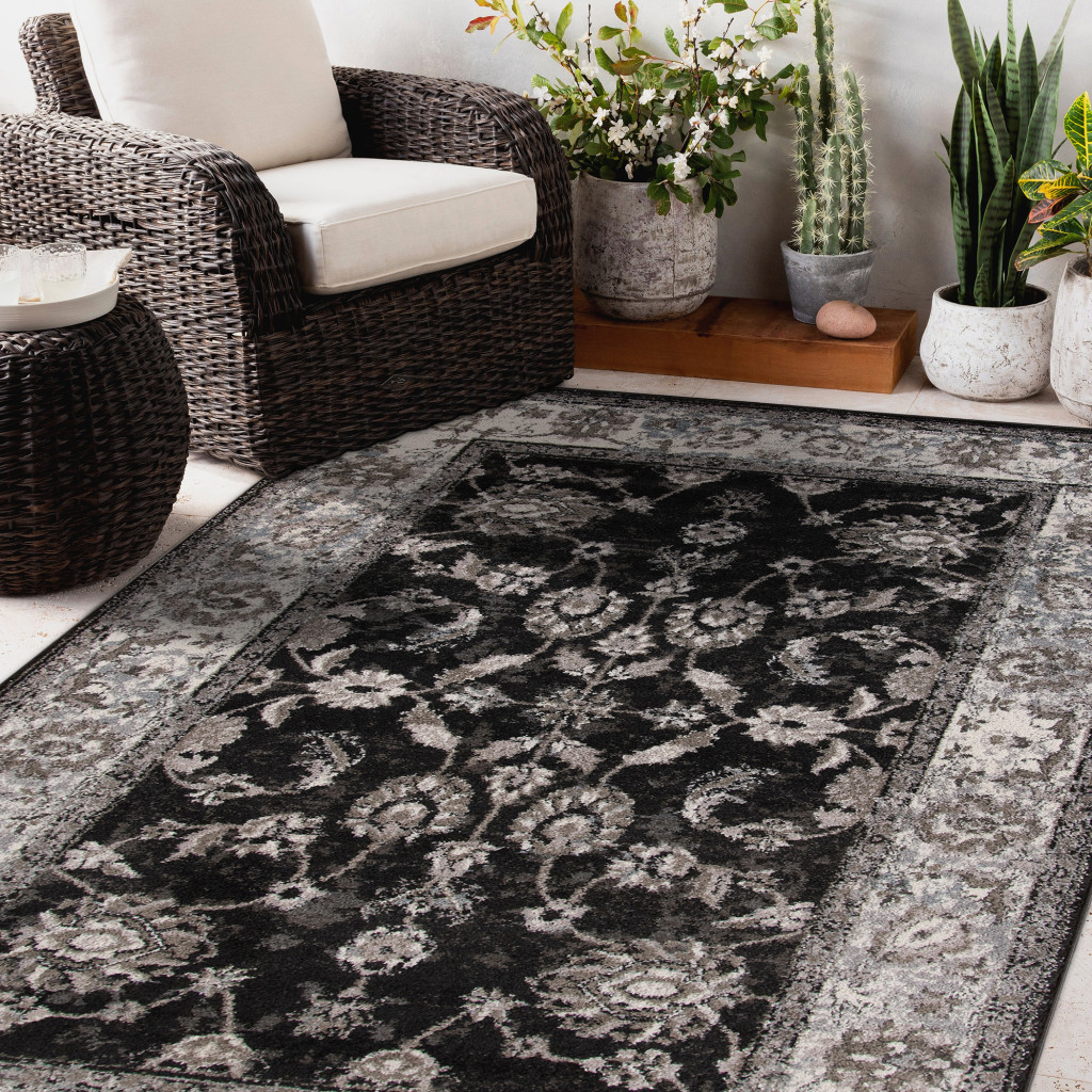 2" X 3" Ivory Black and Gray Floral Power Loom Area Rug