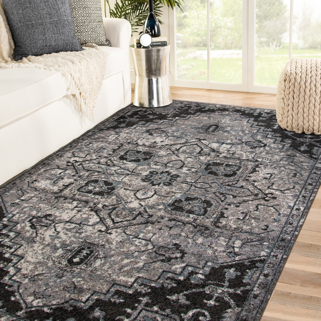2" X 3" Black and Gray Medallion Power Loom Area Rug