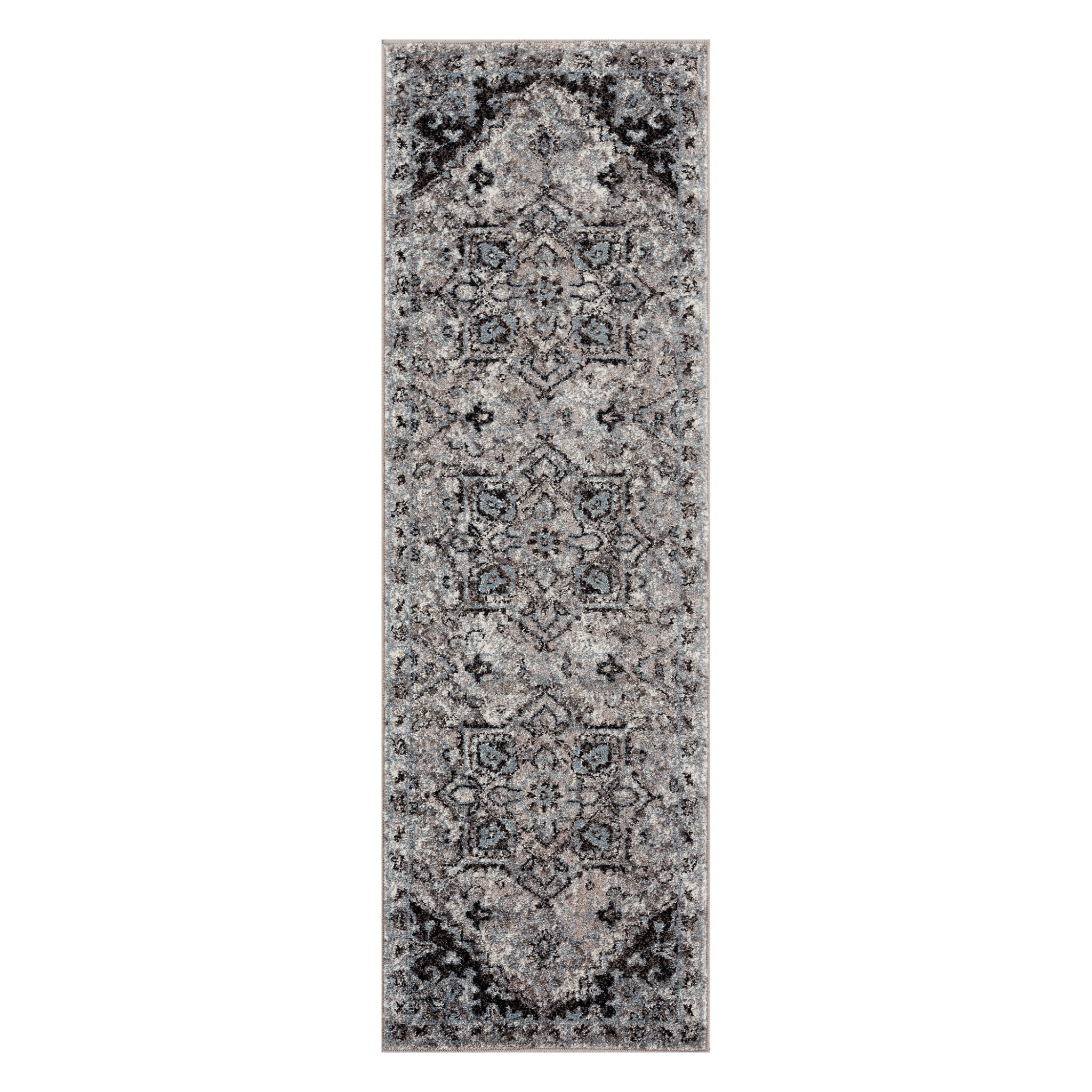 6" Black and Gray Medallion Power Loom Runner Rug