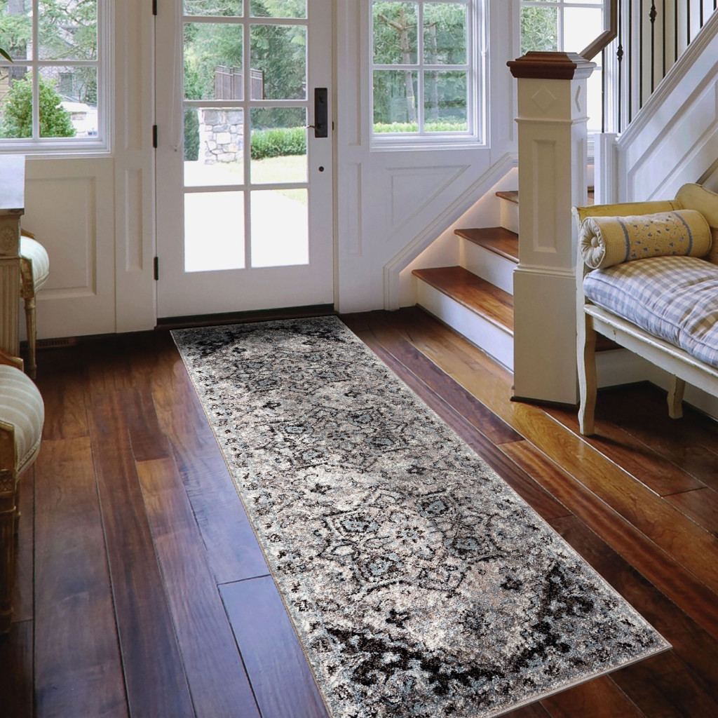 6" Black and Gray Medallion Power Loom Runner Rug