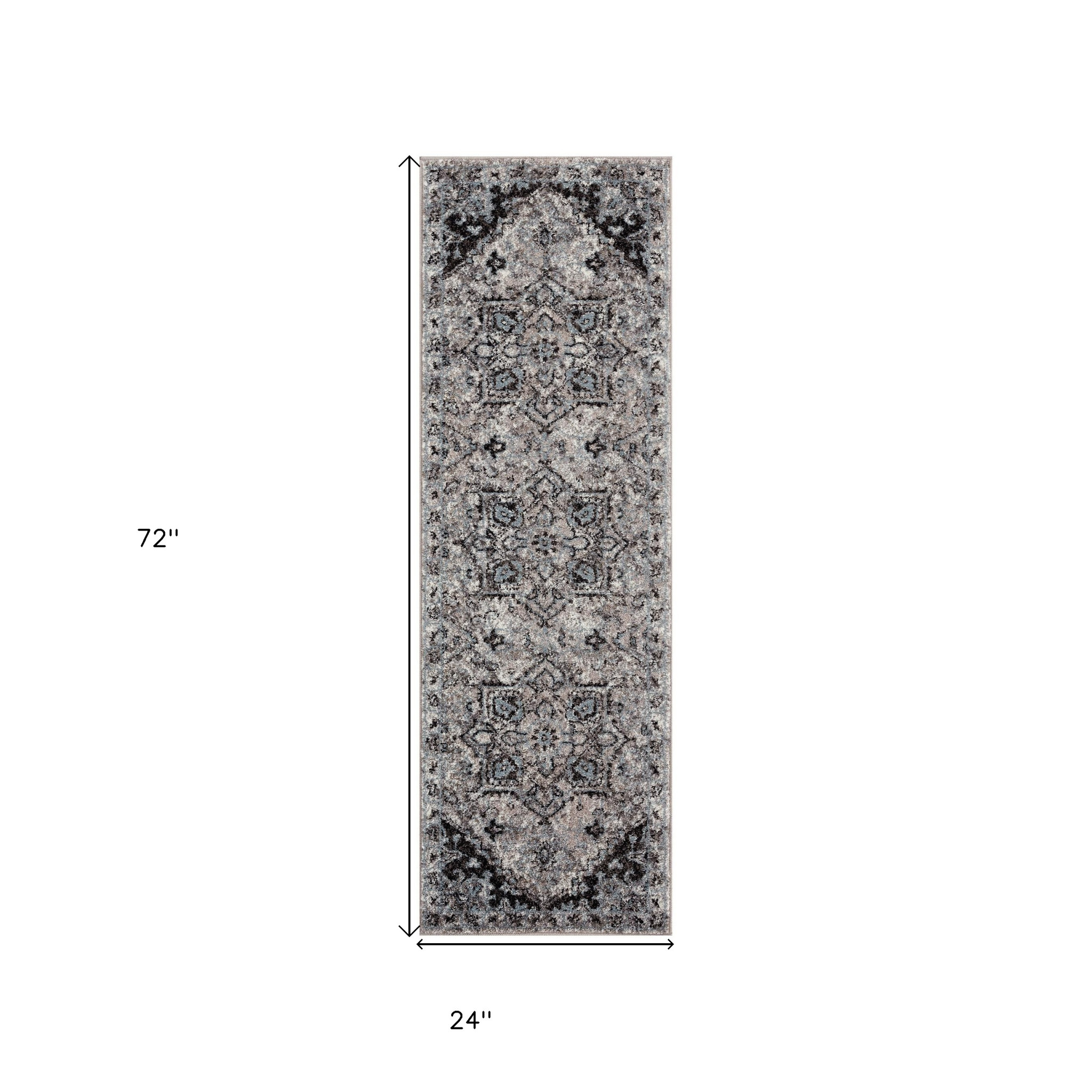 6" Black and Gray Medallion Power Loom Runner Rug