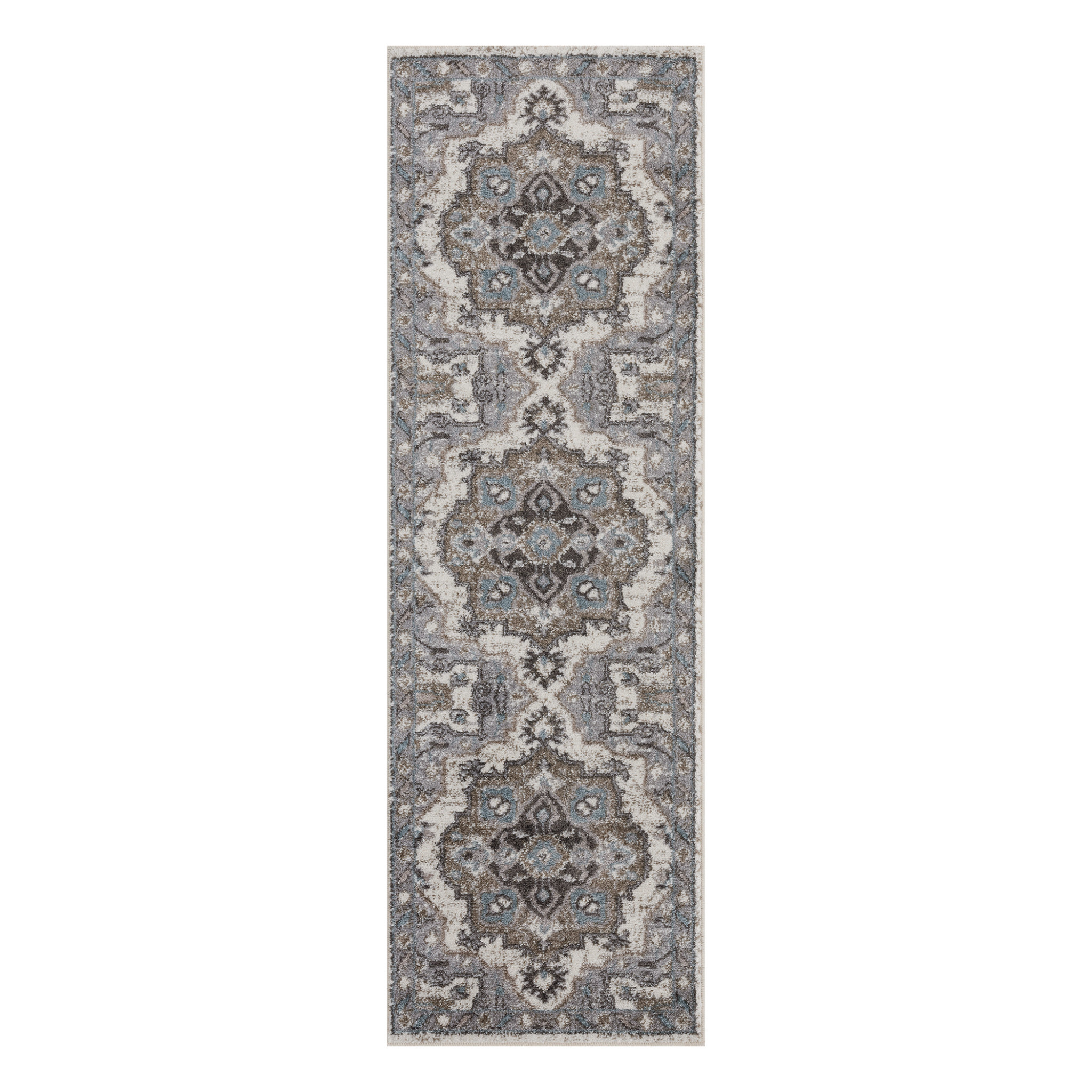 6" Ivory Taupe and Gray Medallion Power Loom Runner Rug