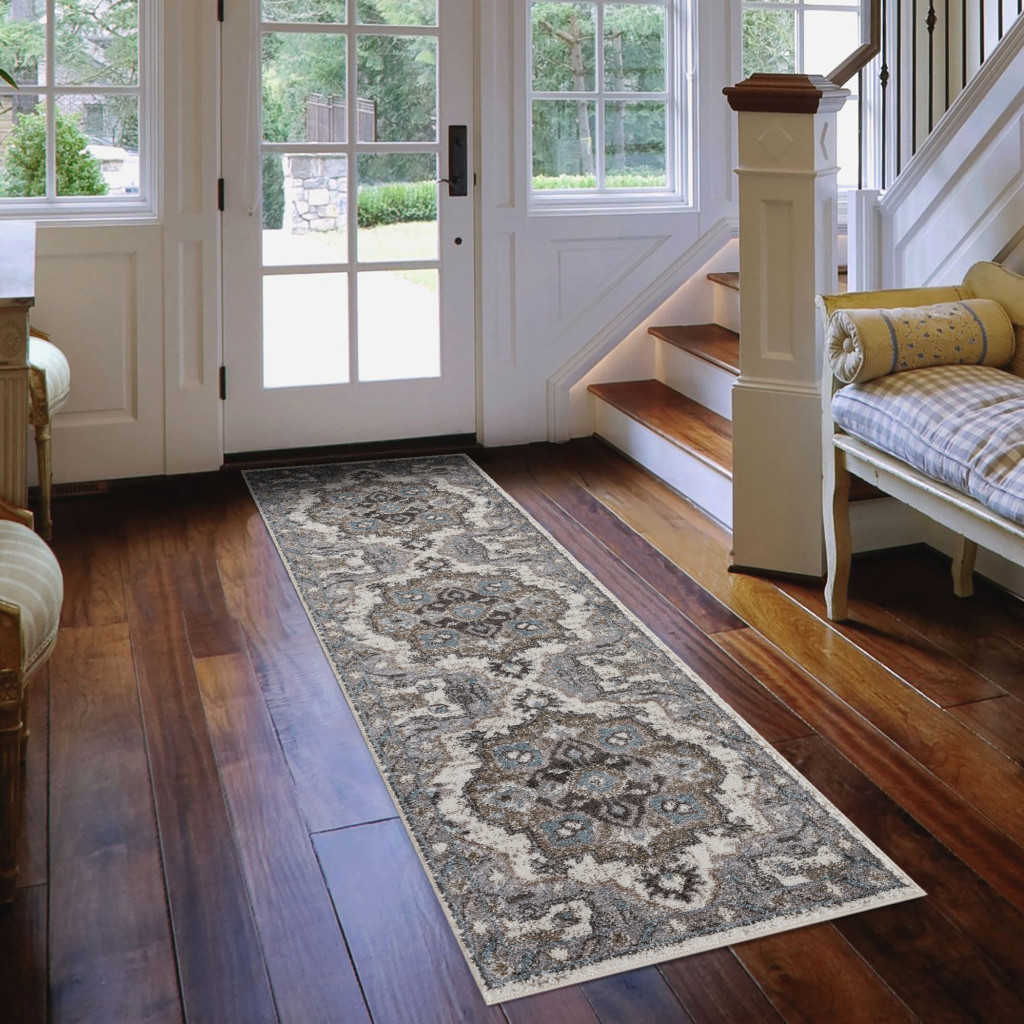 6" Ivory Taupe and Gray Medallion Power Loom Runner Rug