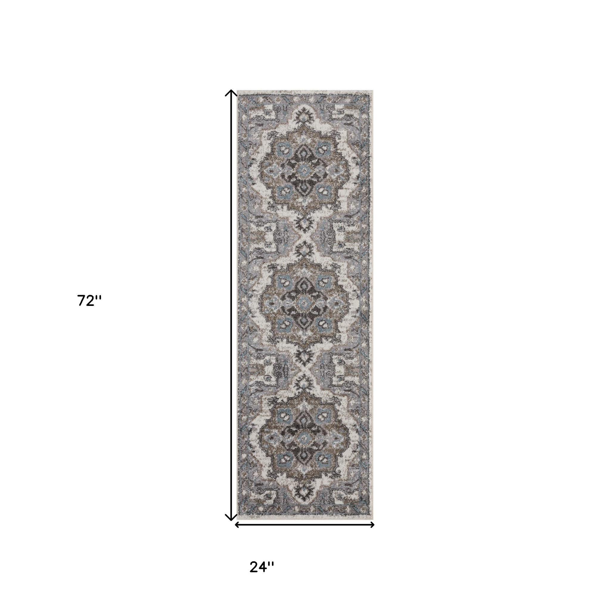6" Ivory Taupe and Gray Medallion Power Loom Runner Rug