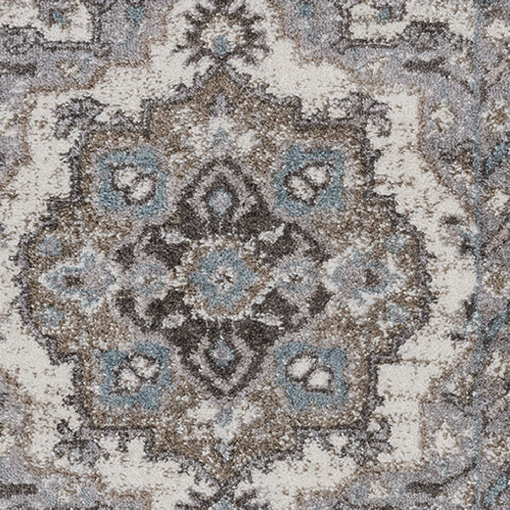 6" Ivory Taupe and Gray Medallion Power Loom Runner Rug