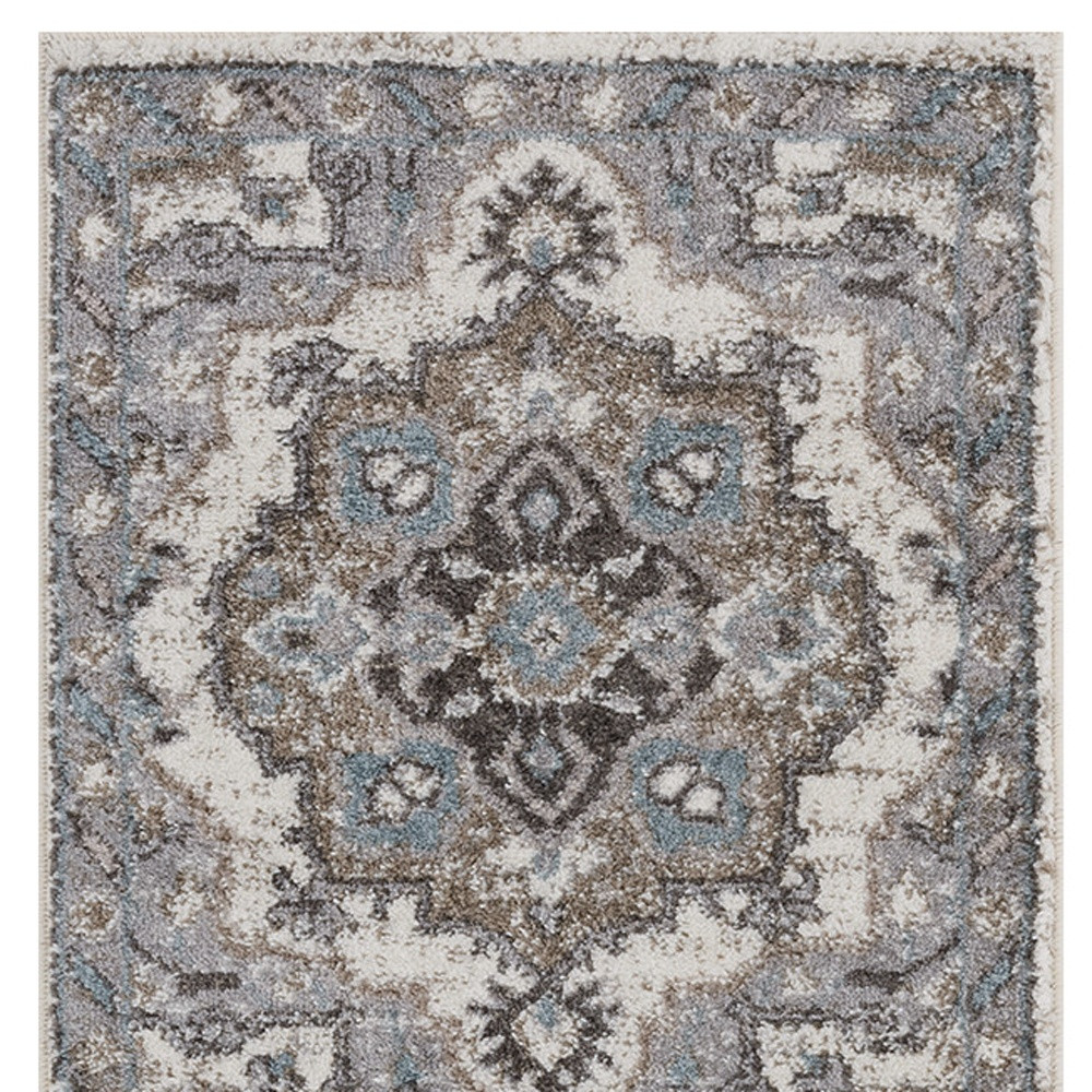 6" Ivory Taupe and Gray Medallion Power Loom Runner Rug