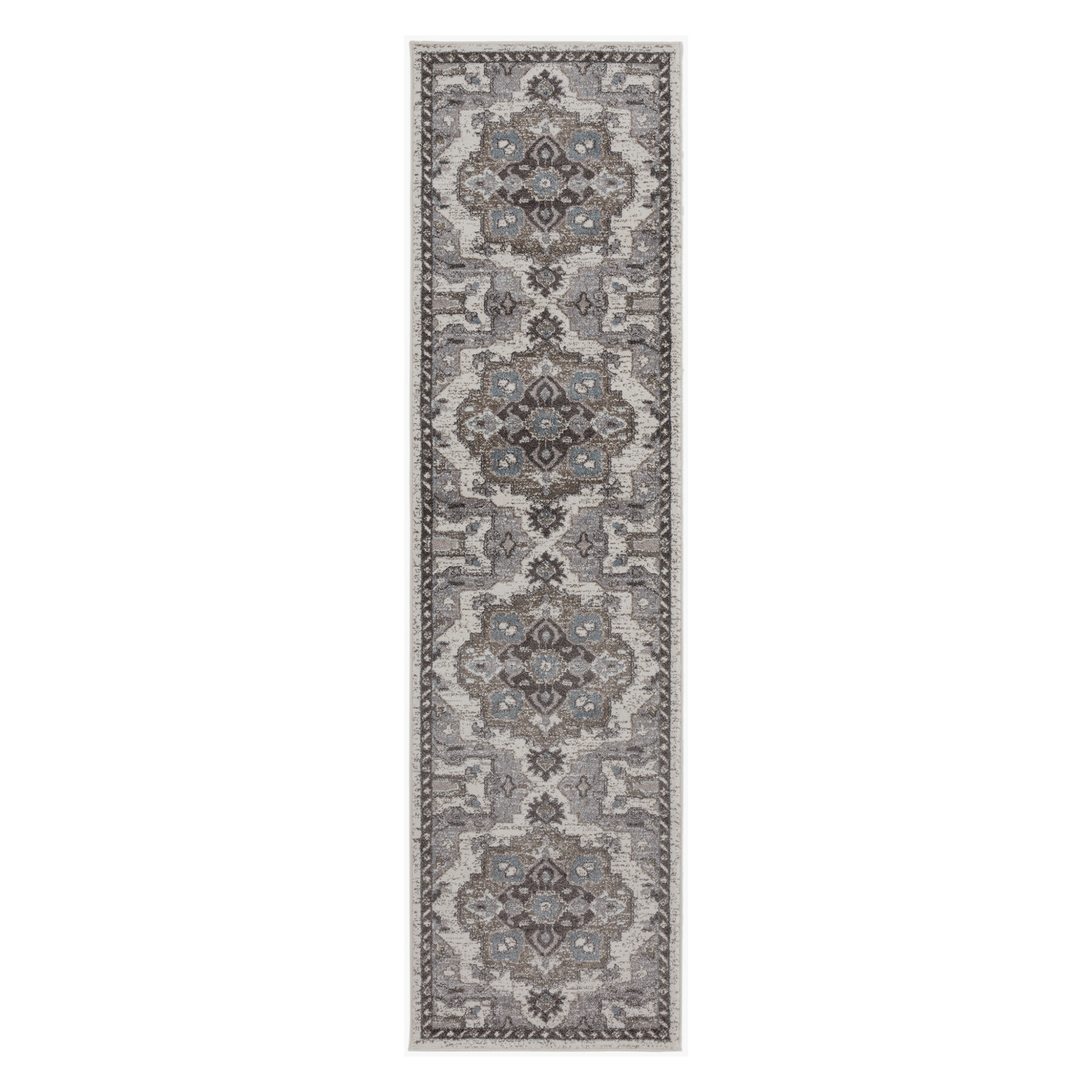 10" Ivory Taupe and Gray Medallion Power Loom Runner Rug