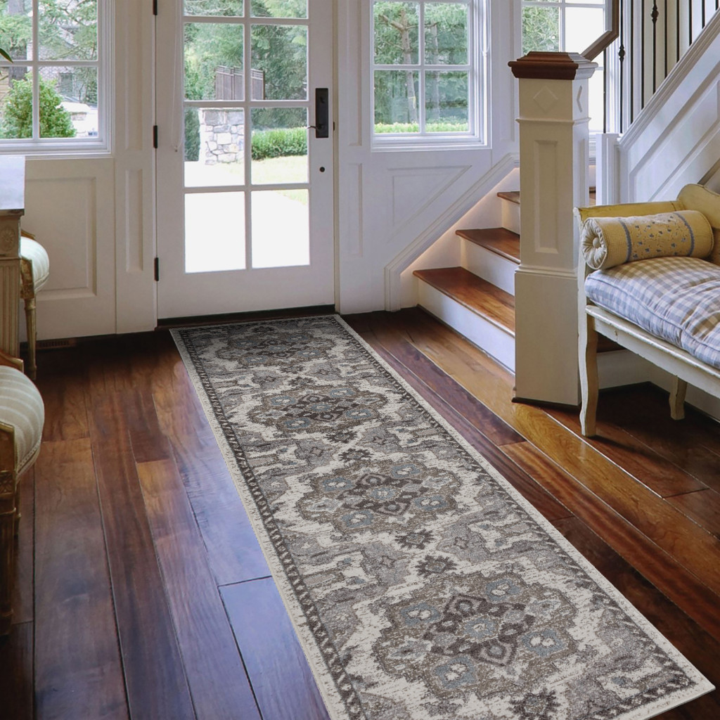 10" Ivory Taupe and Gray Medallion Power Loom Runner Rug