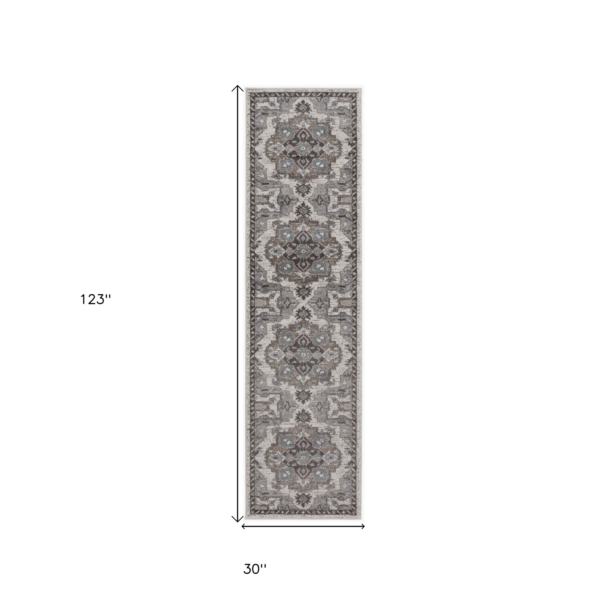 10" Ivory Taupe and Gray Medallion Power Loom Runner Rug