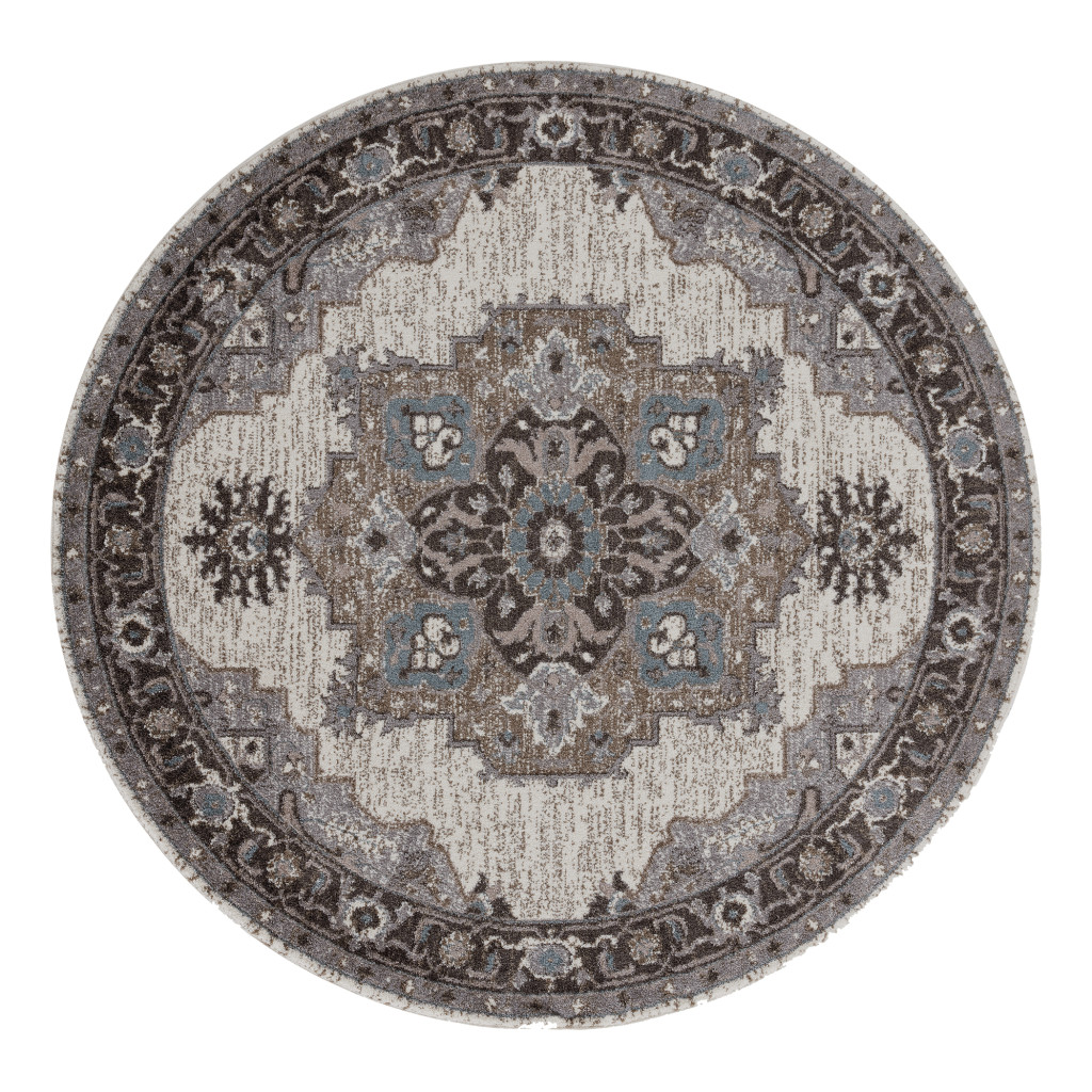 6" Ivory Taupe and Gray Medallion Power Loom Round Rug