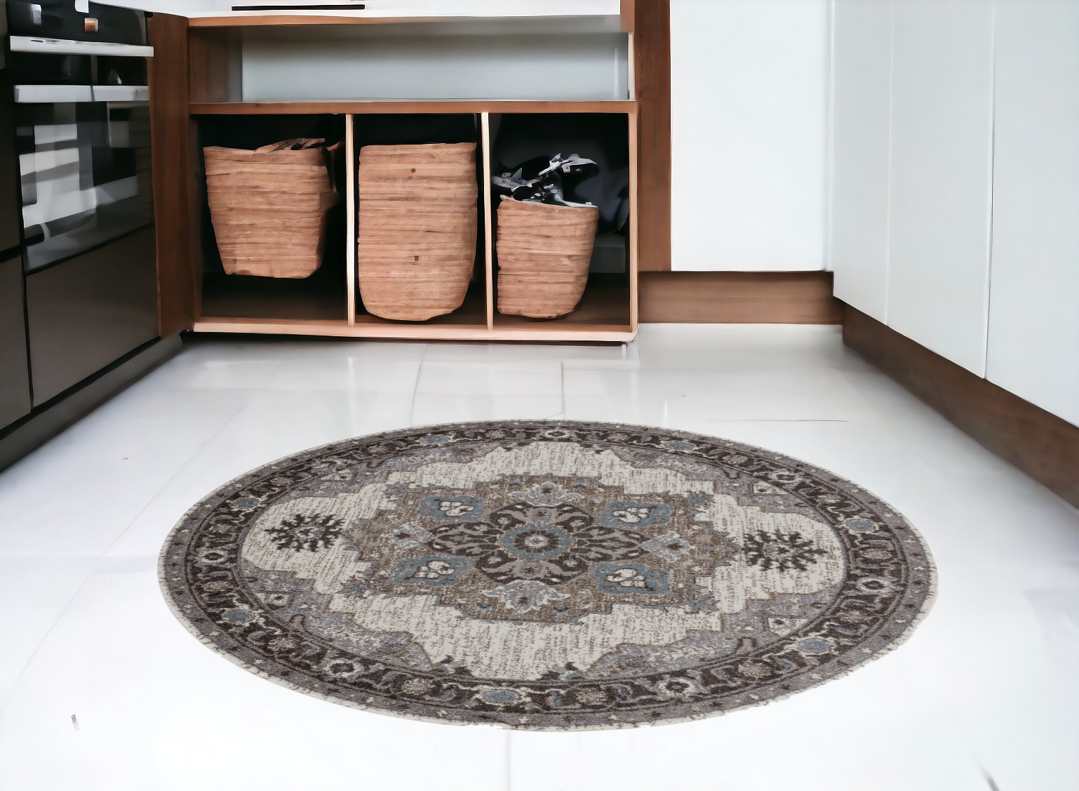 6' Gray and Beige Round Medallion Power Loom Area Rug-531855-1