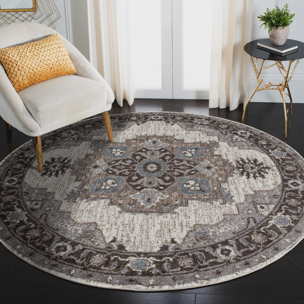 6" Ivory Taupe and Gray Medallion Power Loom Round Rug