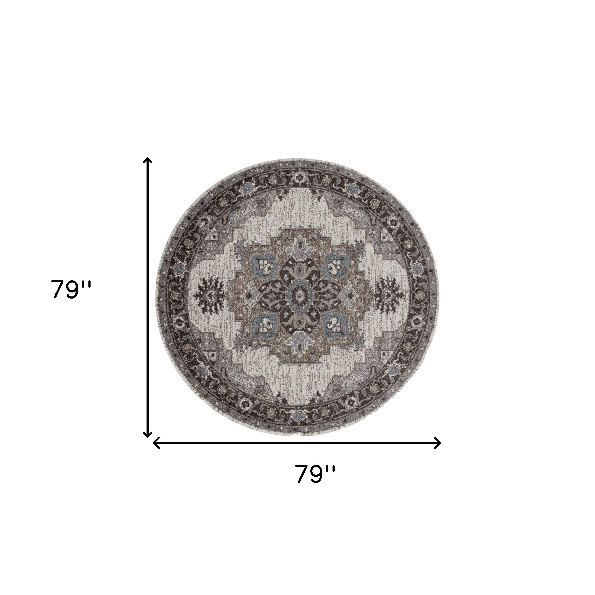 6" Ivory Taupe and Gray Medallion Power Loom Round Rug