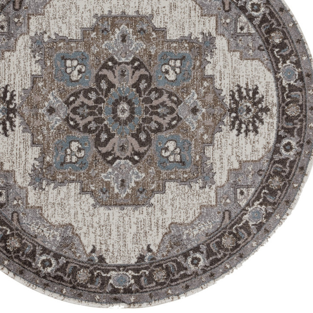 6" Ivory Taupe and Gray Medallion Power Loom Round Rug