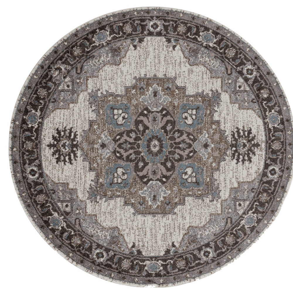 6" Ivory Taupe and Gray Medallion Power Loom Round Rug