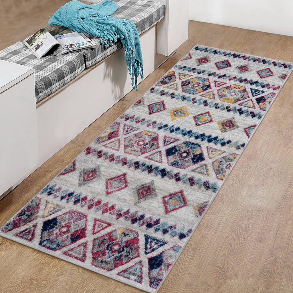 6" Ivory Blue and Orange Geometric Power Loom Runner Rug