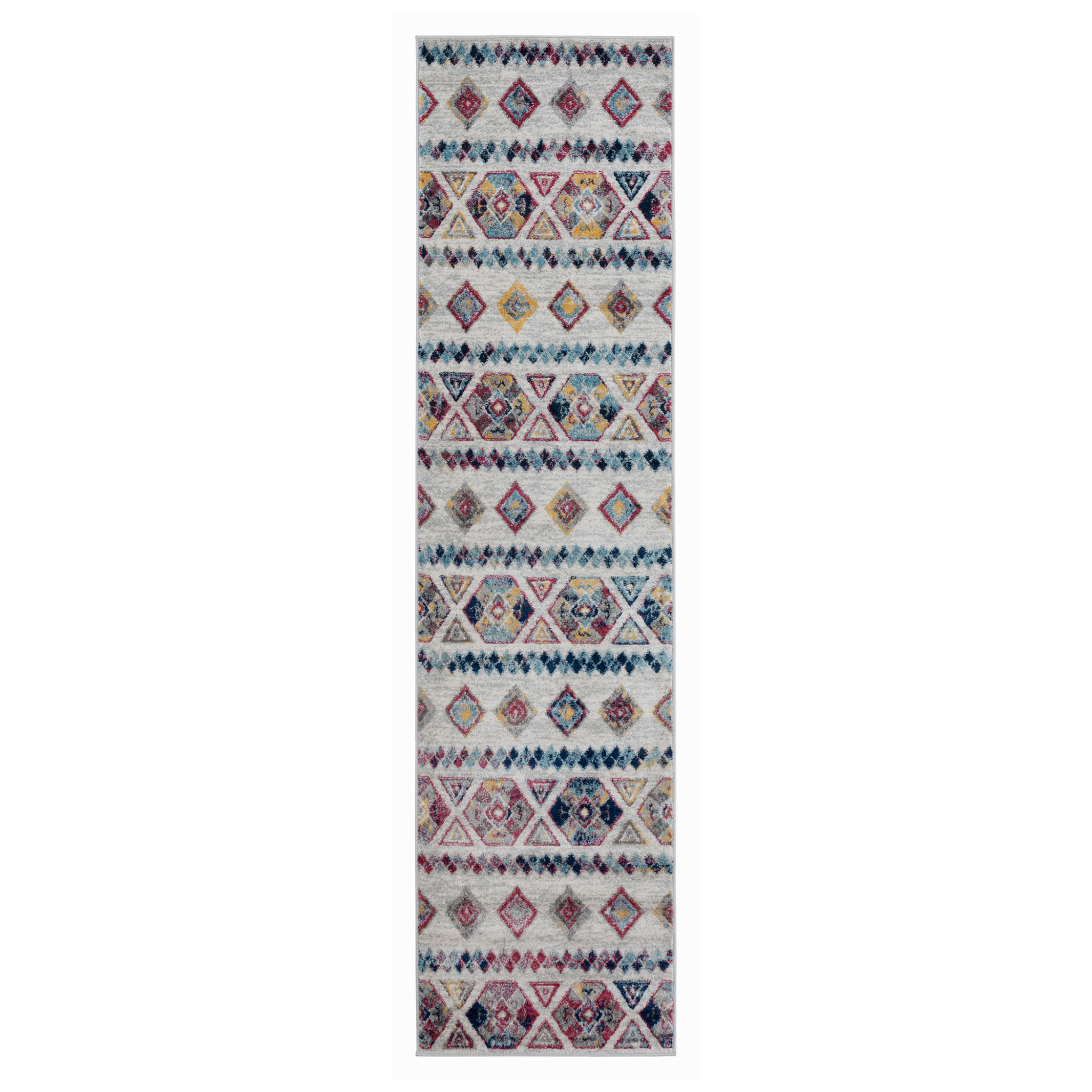 10" Ivory Blue and Orange Geometric Power Loom Runner Rug