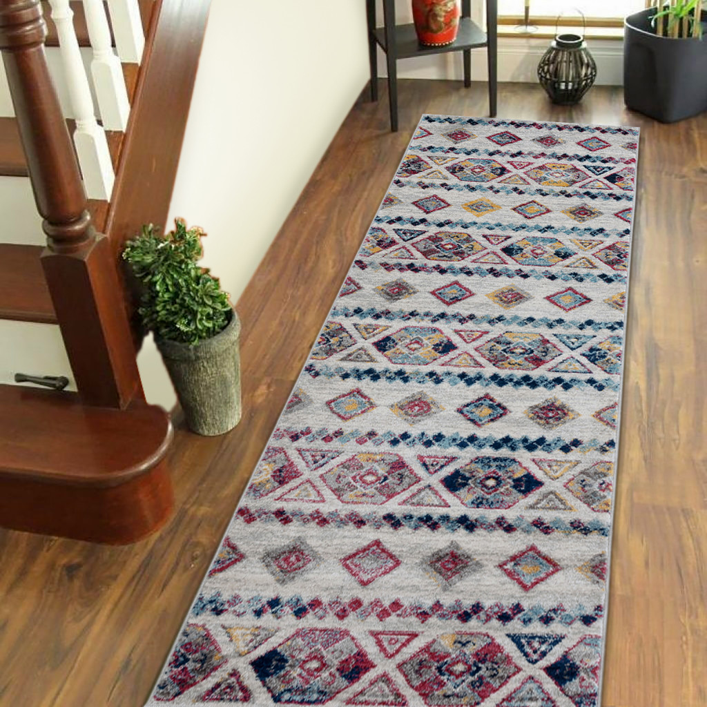 10" Ivory Blue and Orange Geometric Power Loom Runner Rug