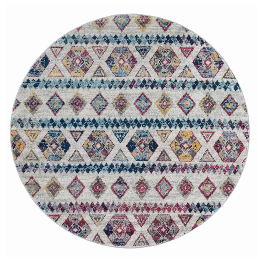 6 Ivory Round geometric Power Loom Area Rug