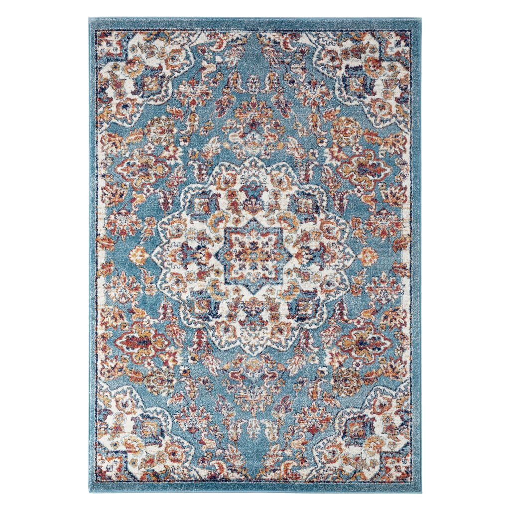 5" X 8" Ivory Blue and Orange Medallion Power Loom Area Rug