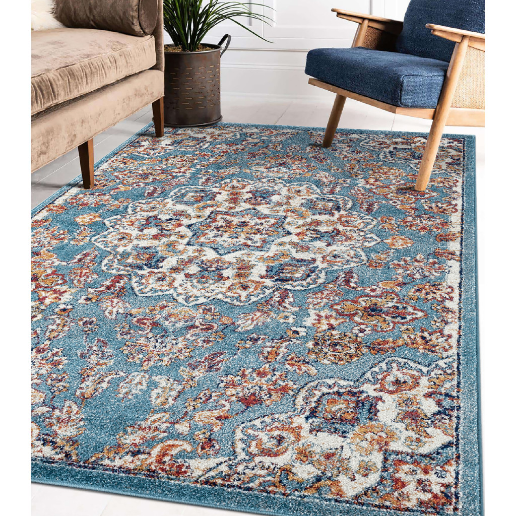 5" X 8" Ivory Blue and Orange Medallion Power Loom Area Rug