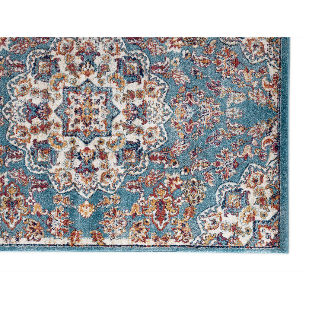 5" X 8" Ivory Blue and Orange Medallion Power Loom Area Rug