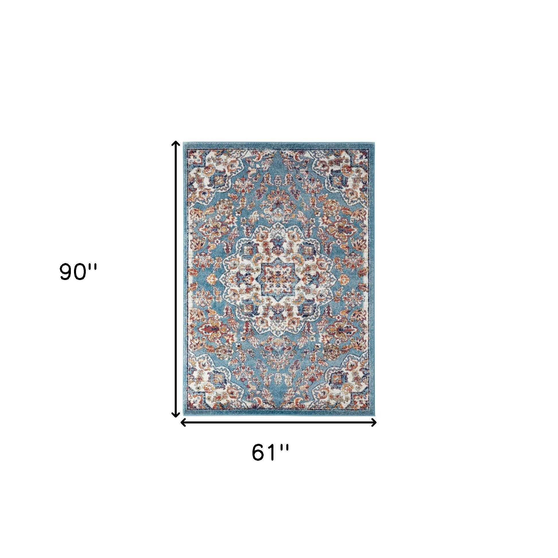 5" X 8" Ivory Blue and Orange Medallion Power Loom Area Rug