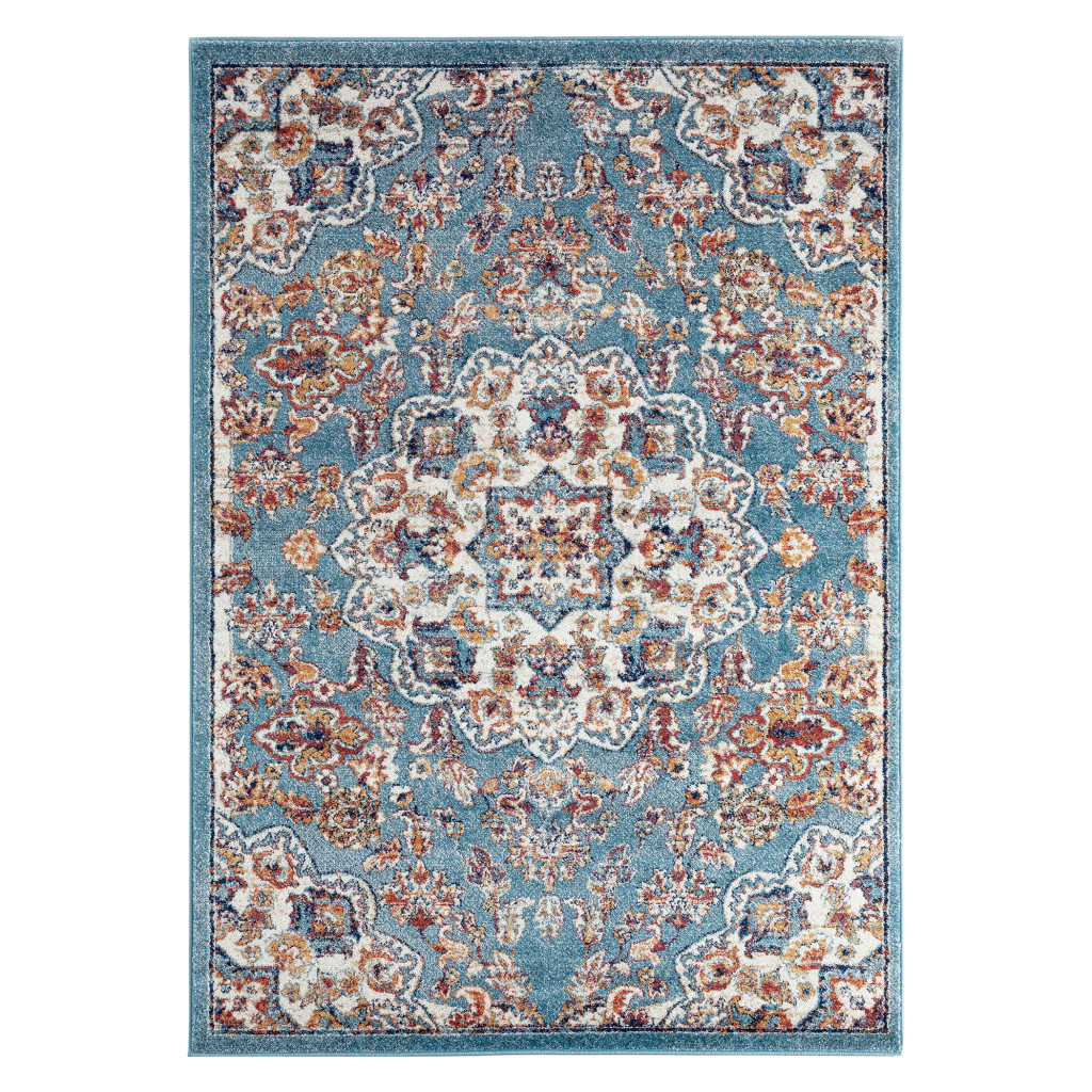 5" X 8" Ivory Blue and Orange Medallion Power Loom Area Rug
