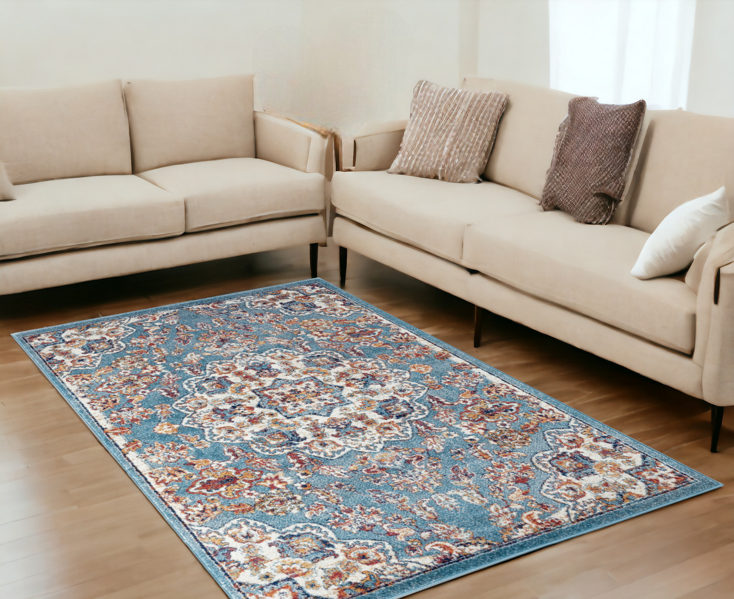 5" X 8" Ivory Blue and Orange Medallion Power Loom Area Rug