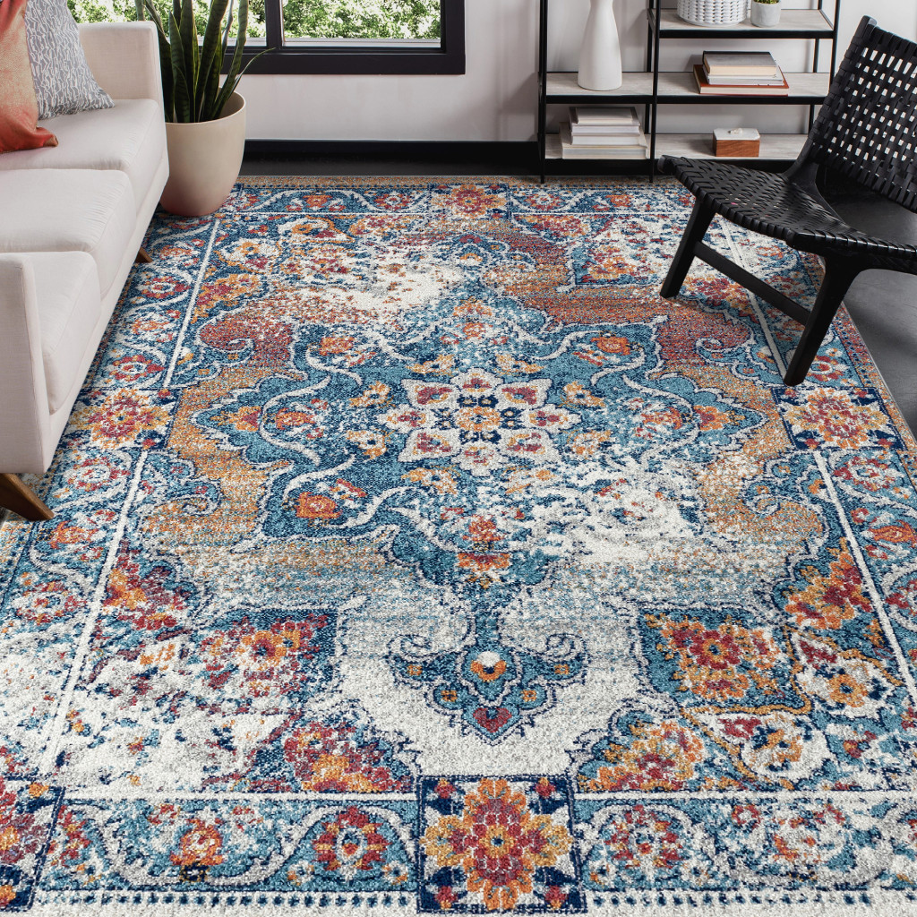 2" X 3" Blue Red and Orange Medallion Power Loom Area Rug