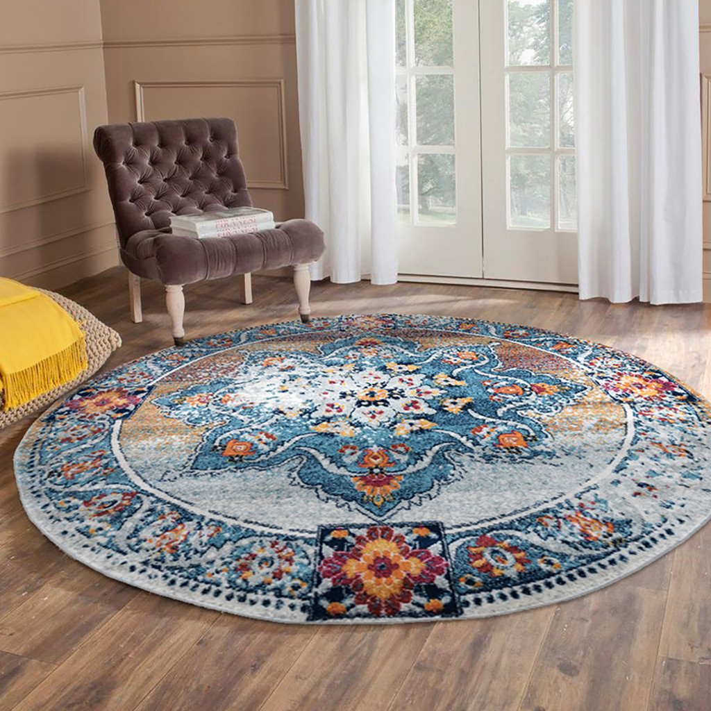 6" Blue Red and Orange Medallion Power Loom Round Rug