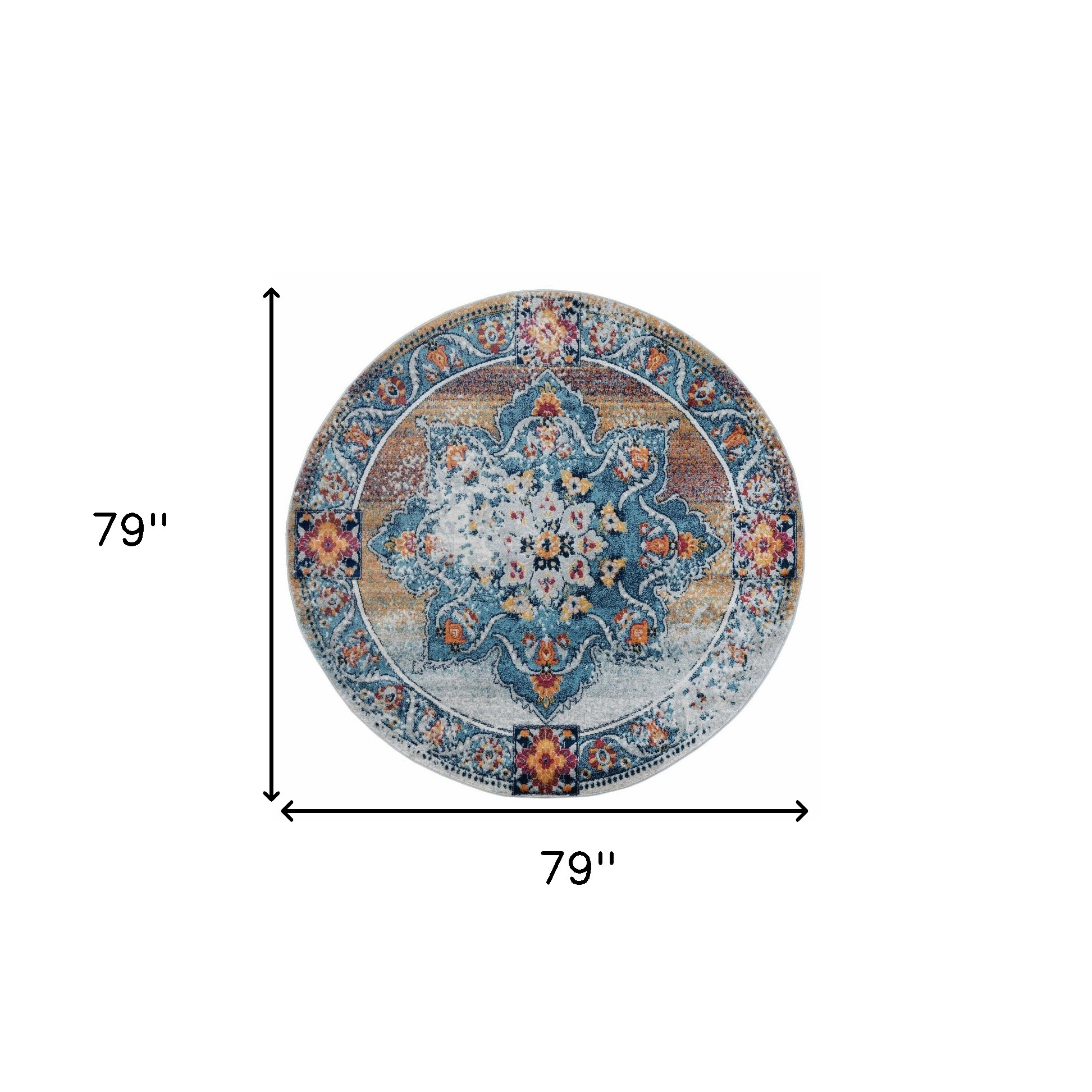 6" Blue Red and Orange Medallion Power Loom Round Rug