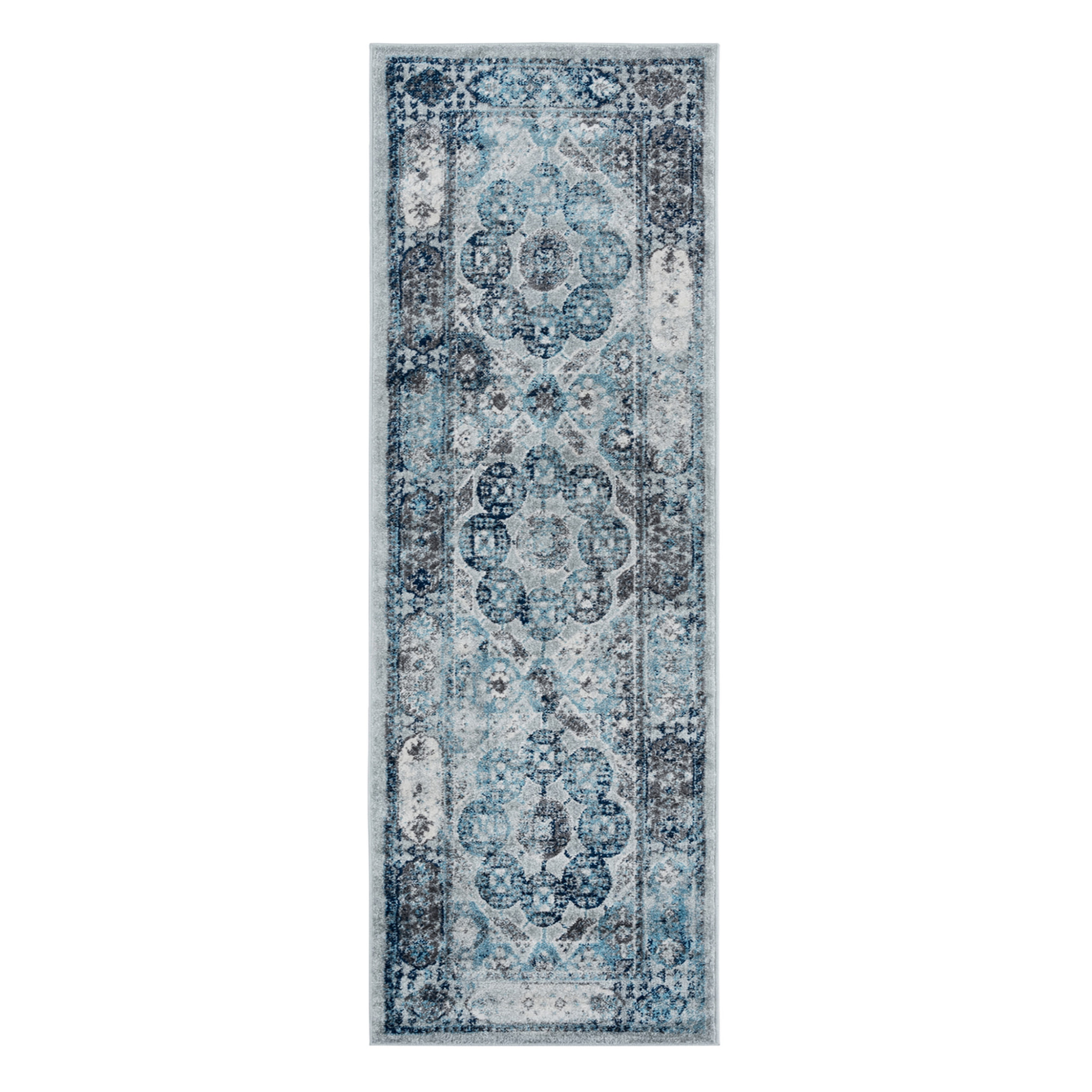 6" Gray and Blue Medallion Power Loom Runner Rug