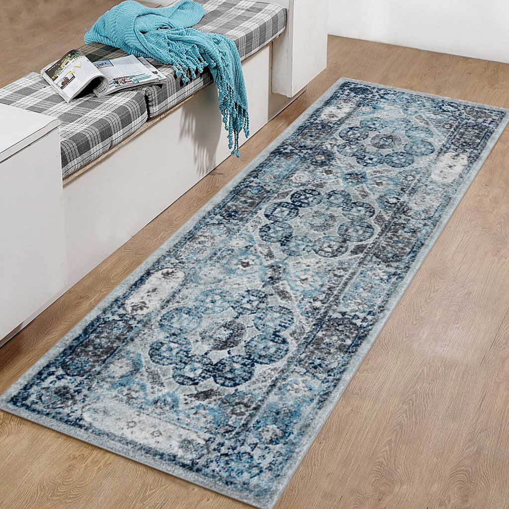 6" Gray and Blue Medallion Power Loom Runner Rug