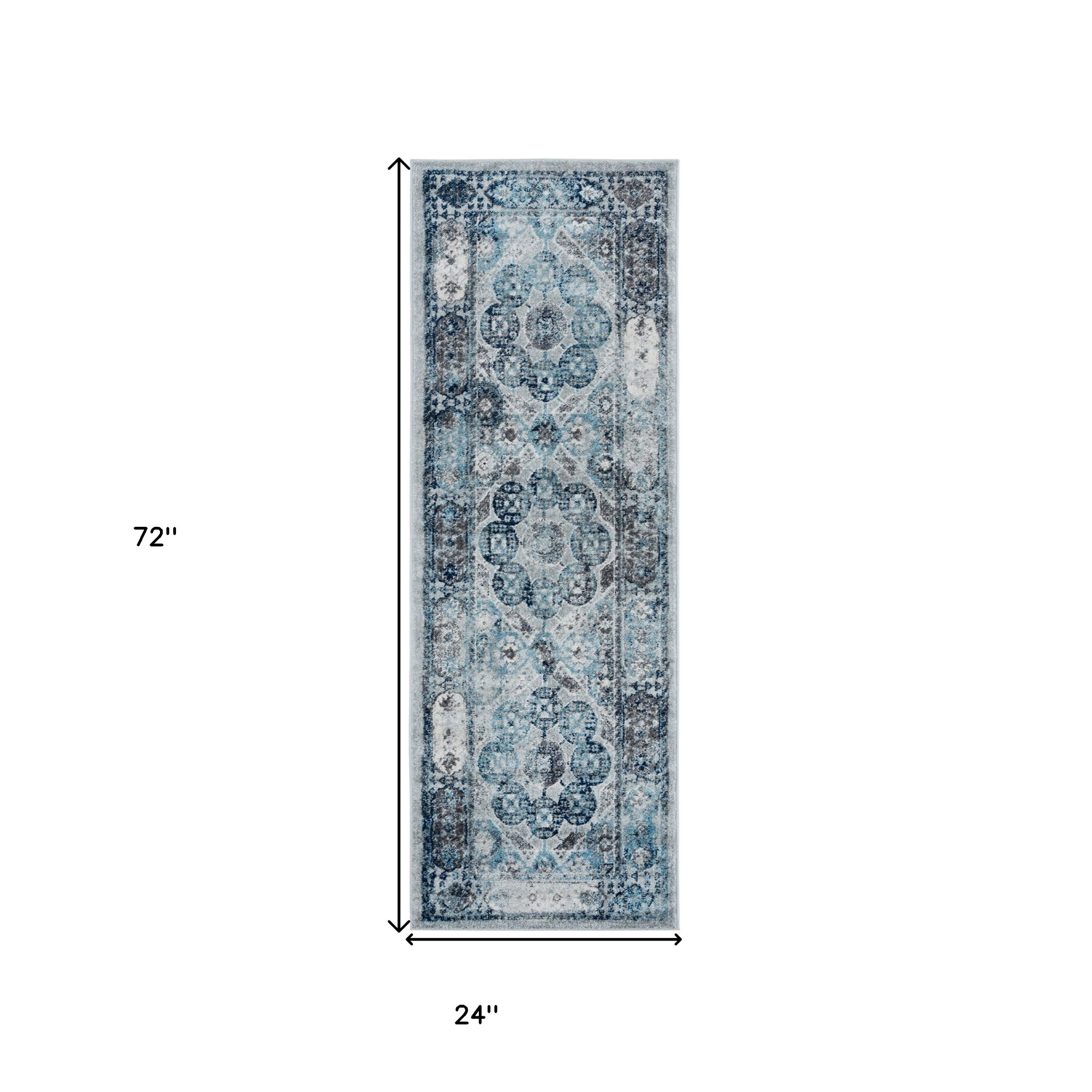 6" Gray and Blue Medallion Power Loom Runner Rug