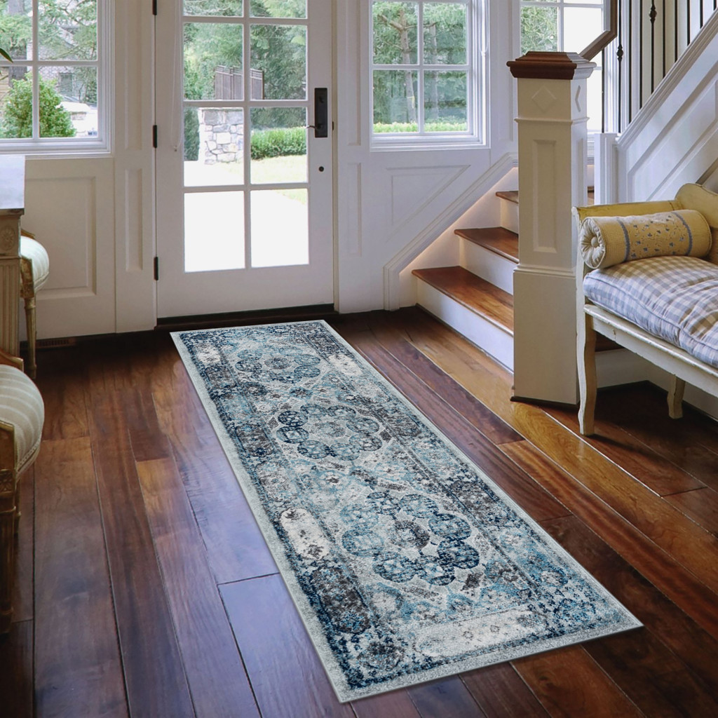 10" Gray and Blue Medallion Power Loom Runner Rug