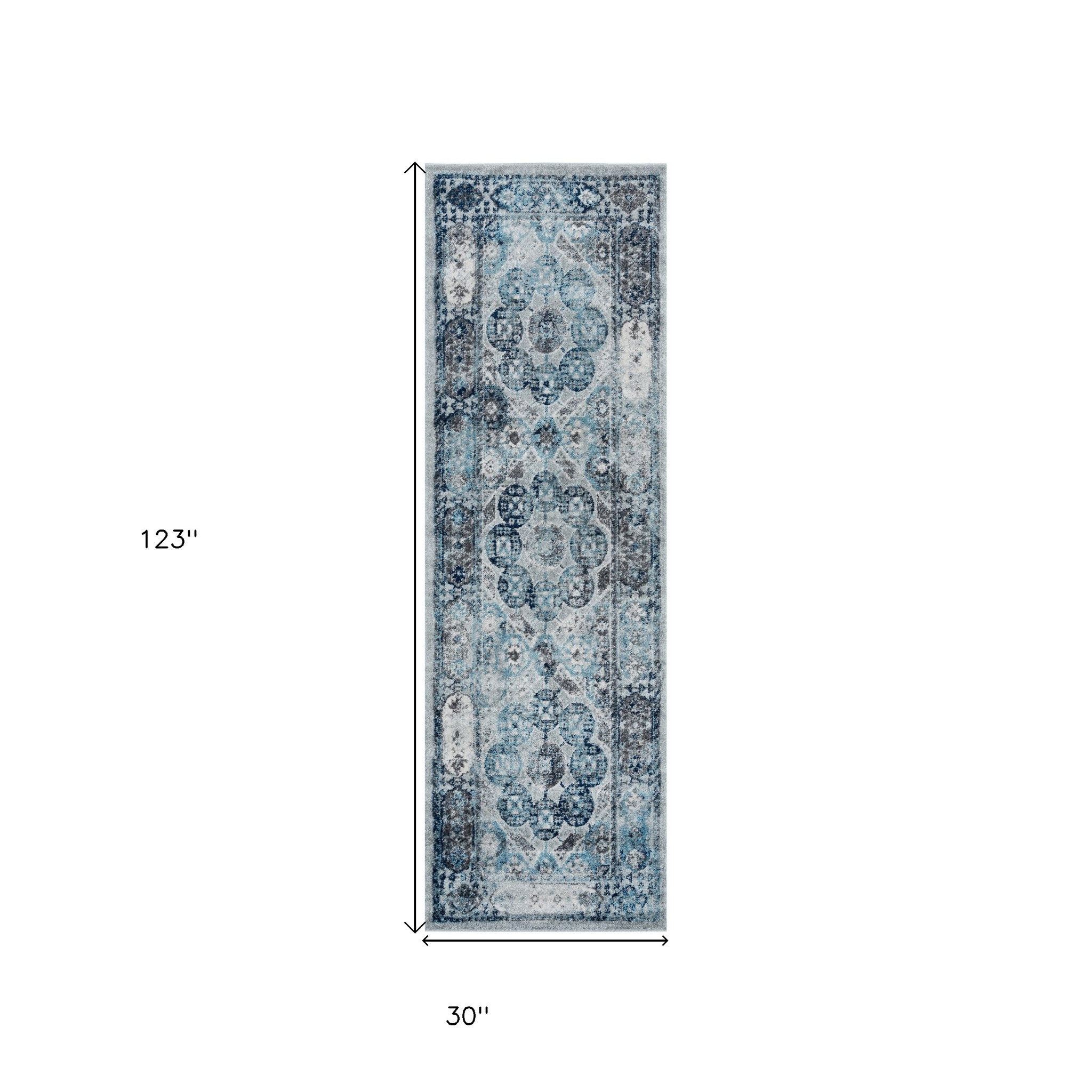 10" Gray and Blue Medallion Power Loom Runner Rug