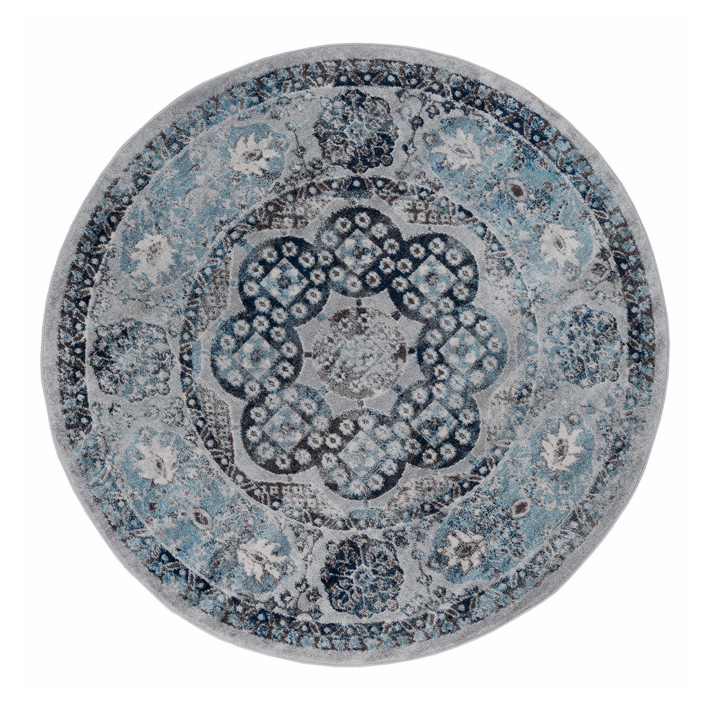 6" Gray and Blue Medallion Power Loom Round Rug