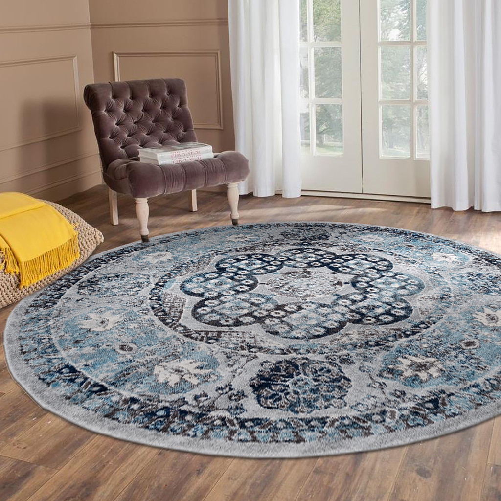 6" Gray and Blue Medallion Power Loom Round Rug